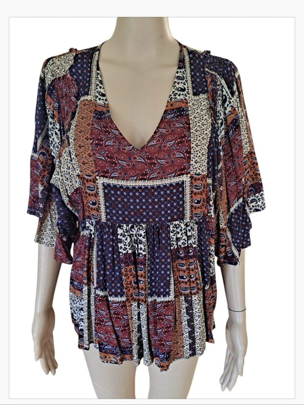Boho Patchwork V-Neck Women’s Top Multi Color